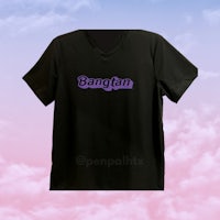 a black v - neck t - shirt with the word bangtan on it
